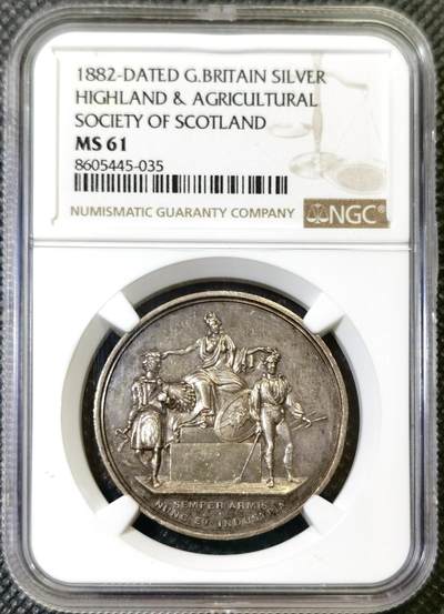 “甄选寰宇 · 臻藏岁华”新年精品场（直播拍卖）-甄臻铺-世界币章拍卖（第47期）送拍享返佣金等优惠多多 - NGC-MS61 英国1882年苏格兰高地农业协会大银章，设计精美，老包浆