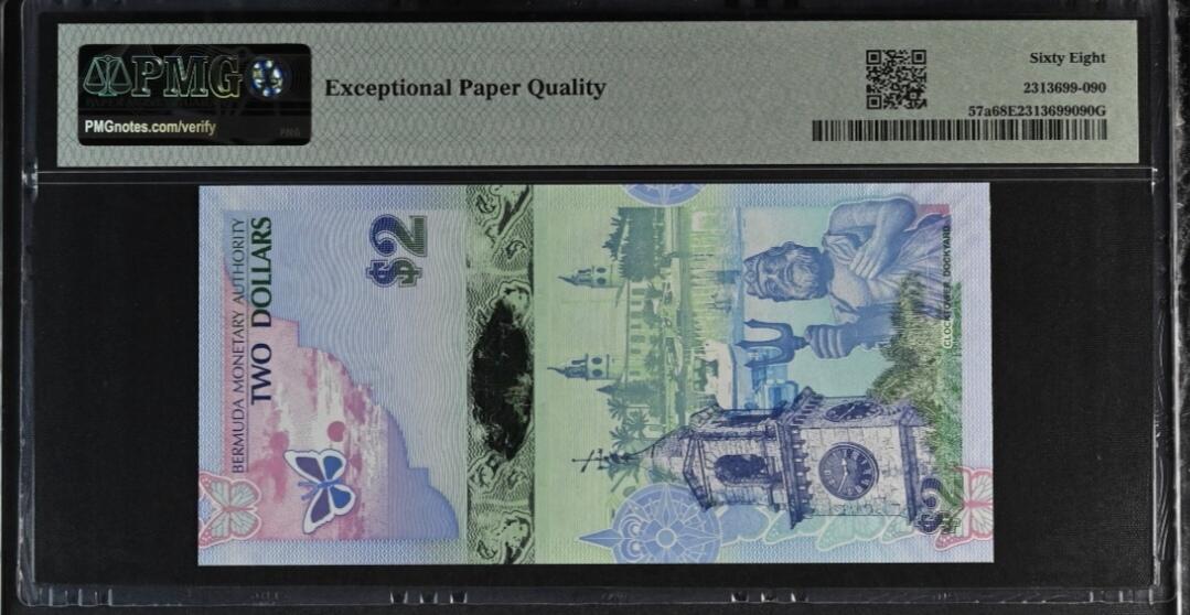 世界靓号纸钞第八十期 2009年百慕大2元 稀少洋葱冠 倒置号 PMG68 超高分 亚军分 难出分品种 2009年IBNS世界最佳纸币