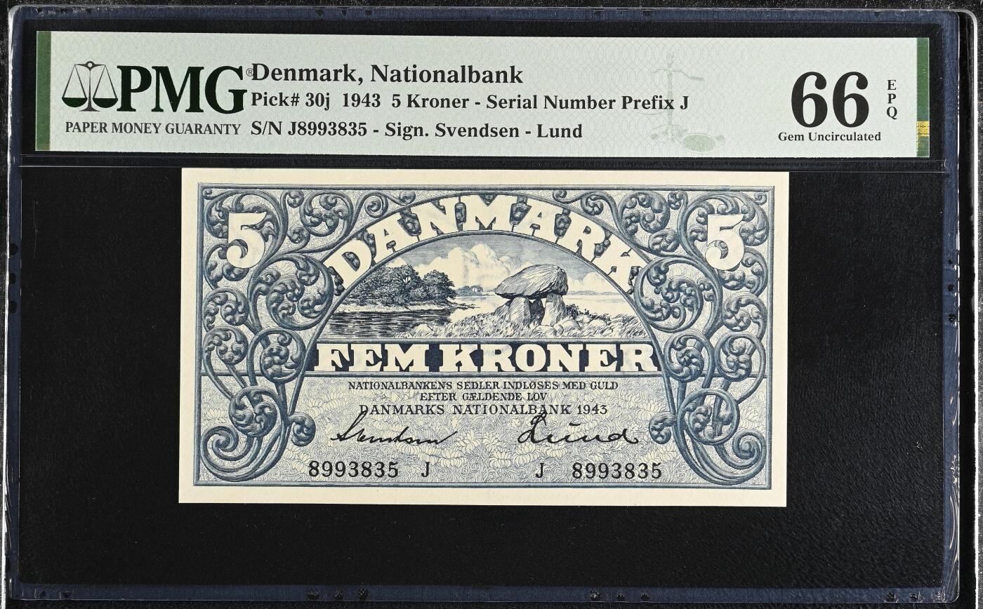 《艾美收藏》第228期-1.11周日外币精品 丹麦1943年少见老版本5克朗PMG66E亚军分无47 更高分仅1张 图案花纹细腻 非常漂亮 Pick#30j