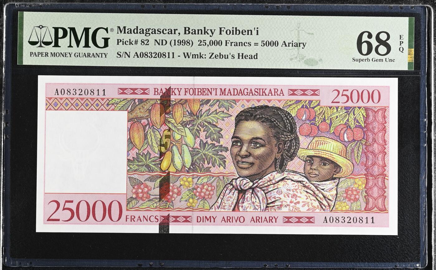 《艾美收藏》第228期-1.11周日外币精品 马达加斯加1998年A冠25000法郎最大面值PMG68E超高分无47 更高分仅6张 法属风格 非常漂亮 Pick#82