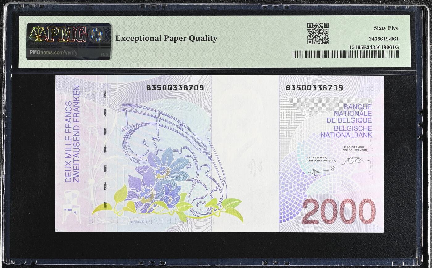 《艾美收藏》第228期-1.11周日外币精品 比利时1994年2000法郎末版次高值PMG65E长号段无4 建筑师霍尔塔 斯拉尼亚雕刻精品