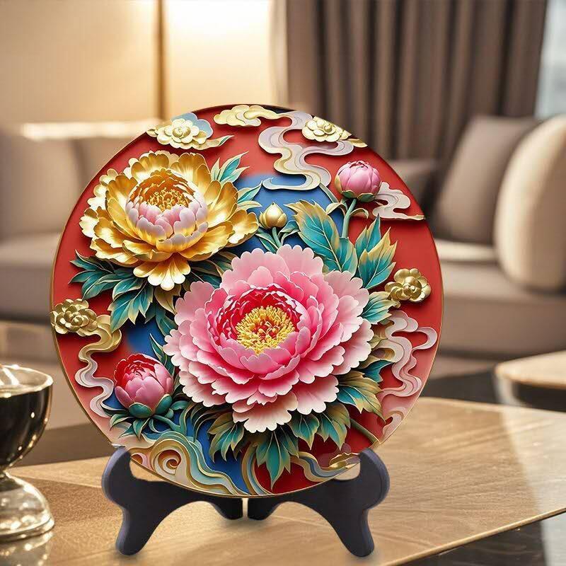 同乐收藏拍卖 招财摆台客厅摆件酒柜书房桌摆圆形牡丹花开富贵家和万事兴褔字