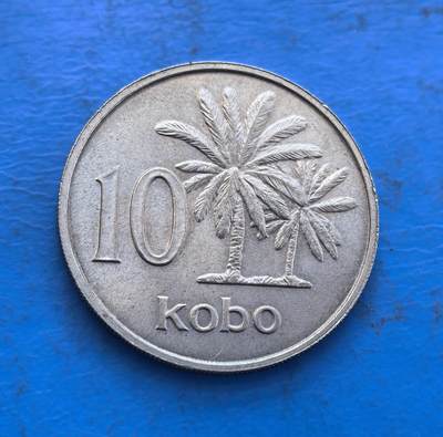 外国优质银币非洲美洲币，周六九点倒数截拍，满百包邮，持续收拍 - 尼日利亚联邦1973 年 10 科博硬币，正面展国徽（双马护盾 +“团结与信仰” 标语），背面绘棕榈树（尼日利亚经济作物），属该国独立后流通币，风格体现国家标识与农业特色，是西非货币收藏之选。