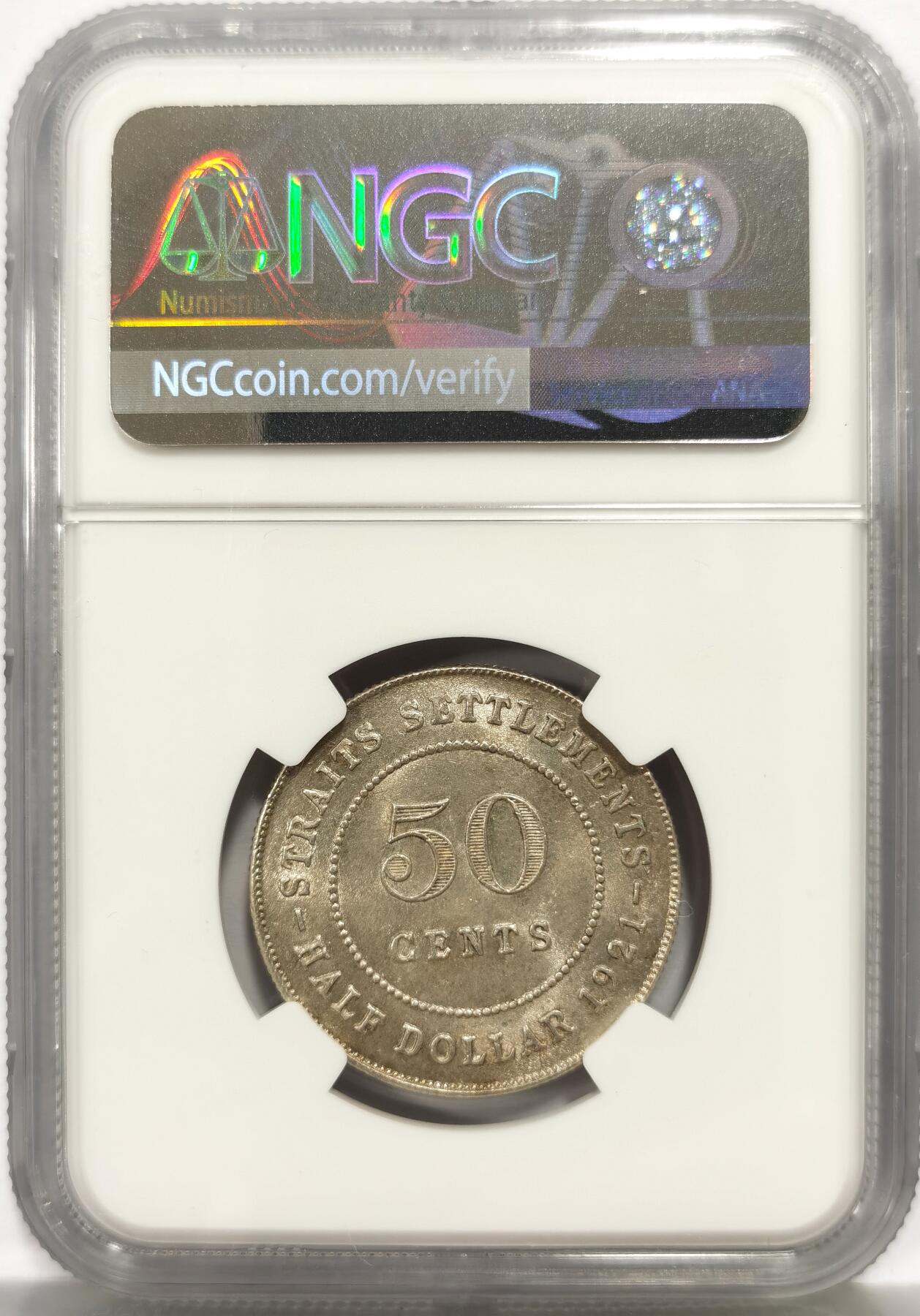 博洋堂世界钱币拍卖第156期（全场包邮） NGC MS63 海峡殖民地1921年乔治五世半圆银币