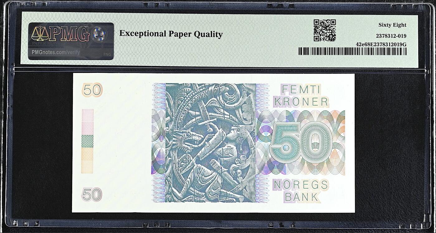 《艾美收藏》第228期-1.11周日外币精品 挪威50克朗 PMG68E 1989年 挪威诗人文耶