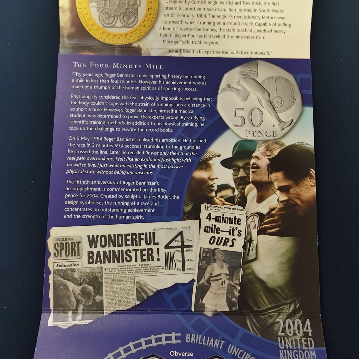 【全场包邮】纯粹捡漏拍492场【封装套币专场】-注意佣金 英国2004年官方封装套币-含2镑首辆火车200周年+2镑机械时代+1镑第四铁路桥+50便士罗杰班尼斯4分钟1英里4枚纪念币+流通套币