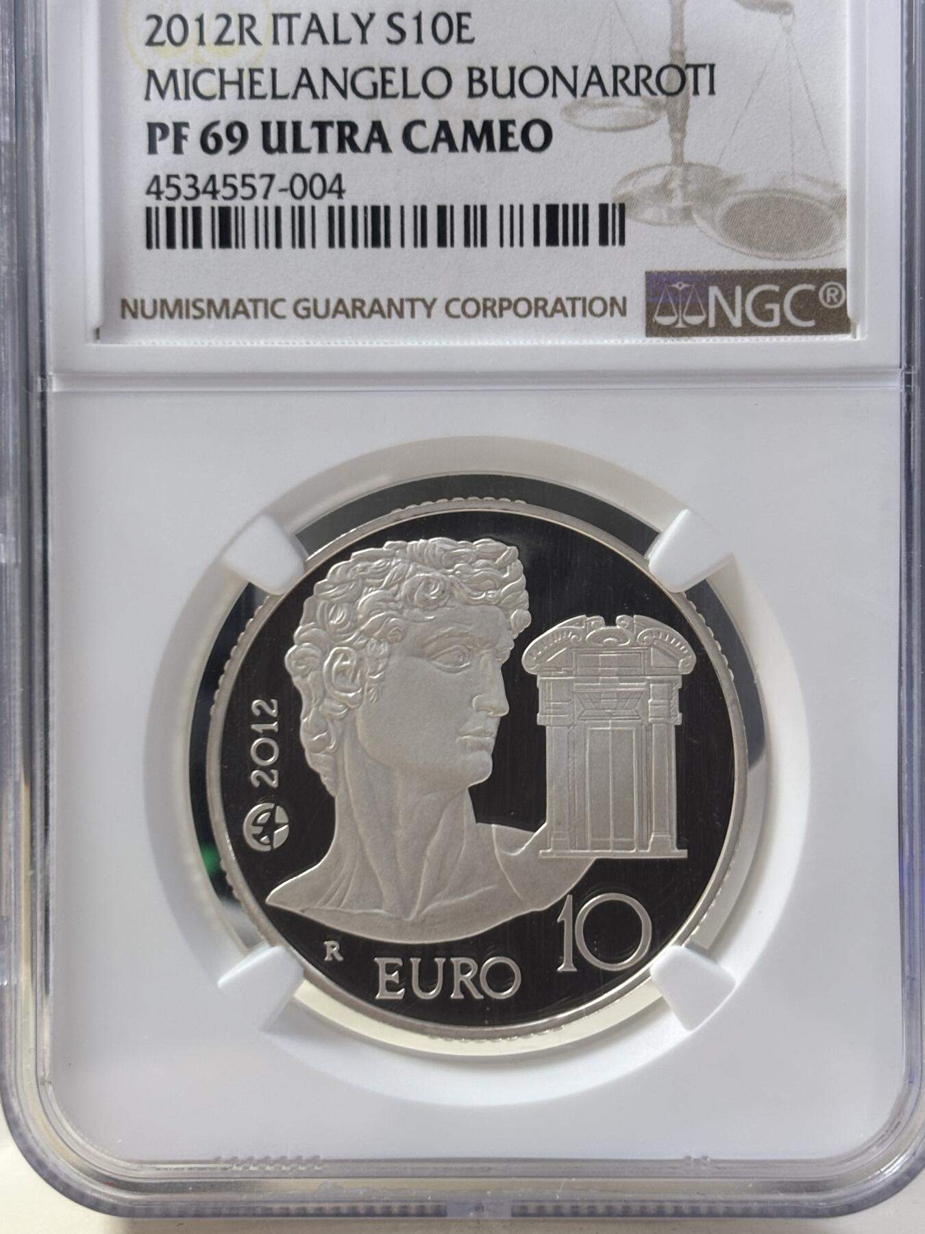 第187期拍卖 意大利2012年开朗基罗和大卫像精制纪念银币NGC-PF69原盒证书，925银，22克，发行17000枚