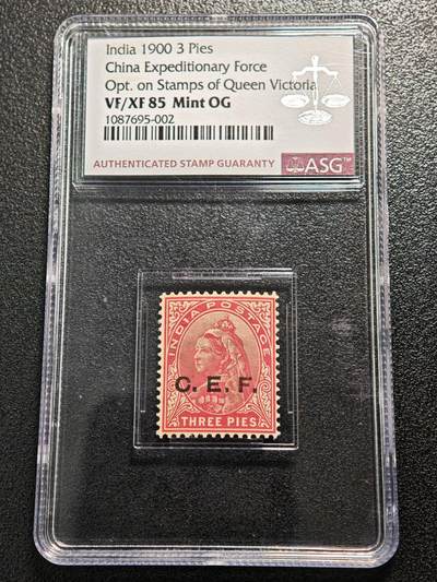【德藏】世界币章拍卖第161期 - 1900年 英属印度-八国联军-英国中国远征军（C.E.F.）3派士邮票 ASG VF/XF85 Mint OG