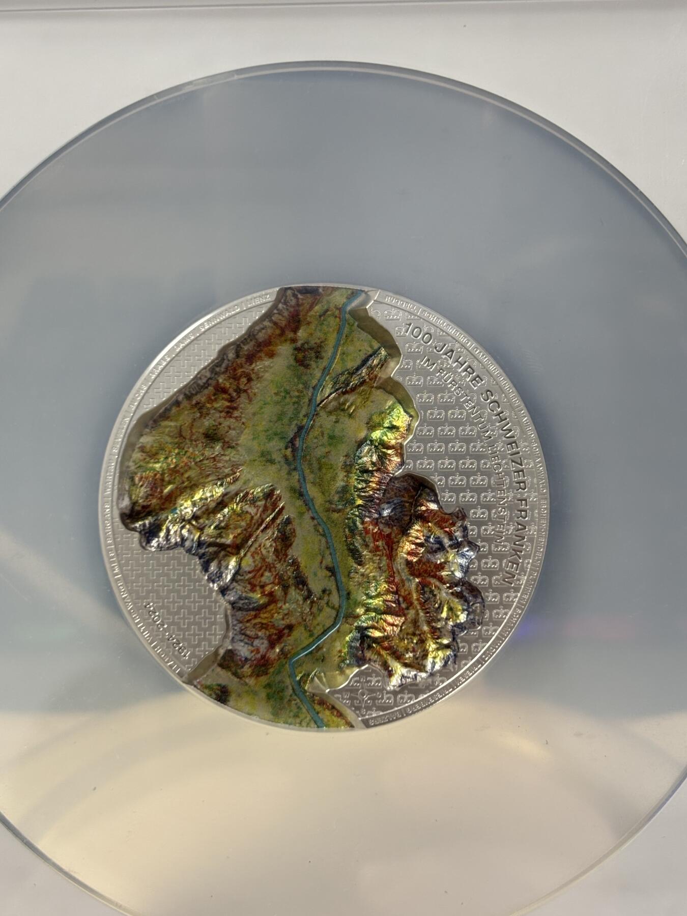 第187期拍卖 列支敦士登2024年瑞士法郎诞生100周年莱茵河谷2盎司银币NGC-MS70首，9999银，发行1000枚