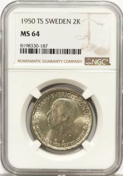 博洋堂世界钱币拍卖第156期（全场包邮） - NGC MS64 瑞典1950年古斯塔夫五世2克朗银币
