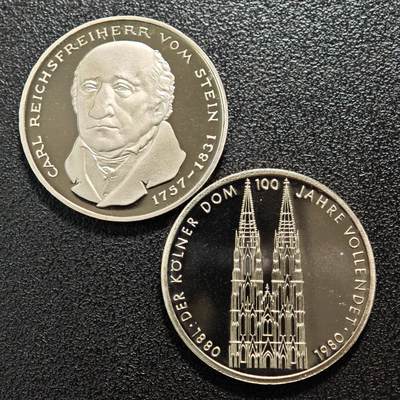 【德藏】世界币章拍卖第161期 - 2枚一组 1981年 德国政治家卡尔逝世150周年5马克纪念镍币 直径约：28.9mm；重约：10g 及 1980年 德国科隆大教堂竣工100周年5马克纪念镍币 直径约：28.9mm；重约：10g