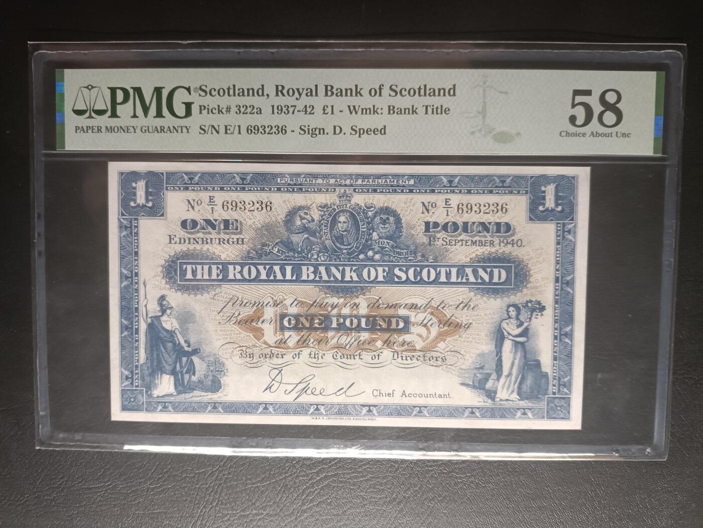 2026一月第二期，总212期 苏格兰皇家银行1940年PMG58分首冠E/1，不列颠女神和拿花女神/爱丁堡和格拉斯哥的分行，早期少见蓝色墨版本