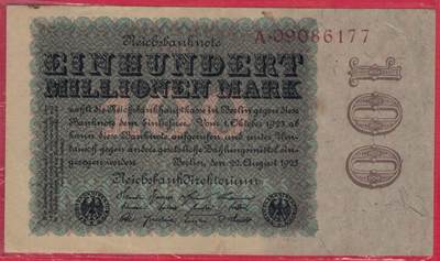 德国1923年100000000(1亿)马克 P-107a 橡树叶水印 右侧有灰色调 A冠 八位号 无4 双尾77 实物图 八五品 - 德国1923年100000000(1亿)马克 P-107a 橡树叶水印 右侧有灰色调 A冠 八位号 无4 双尾77 实物图 八五品