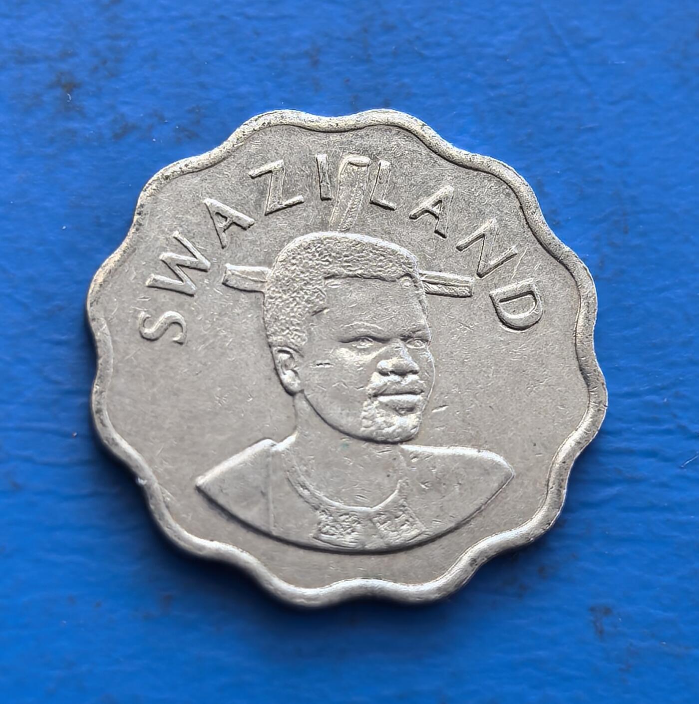 外国优质银币非洲美洲币，周六九点倒数截拍，满百包邮，持续收拍 斯威士兰 5 分马蹄莲花边形硬币，正面是国王像（带传统装饰），背面绘豆类作物枝，风格融合王室文化与农业特色，是南部非洲现代特色货币收藏之选。