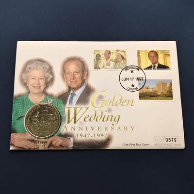 【全场包邮】纯粹捡漏拍492场【封装套币专场】-注意佣金 - 【邮币封】利比里亚1997年1元女王金婚克朗型纪念邮币封