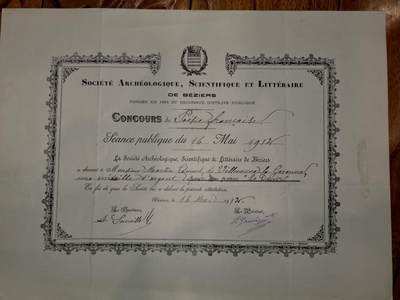 凯旋世界勋赏（第21期冬季大拍）（欢迎送拍）（对拍品有疑问请询问客服，不接受到手刀，出价默认拍品品相。请认真阅读拍卖规则！出价默认已认可！）（收到货请录制开箱视频，无视频概不处理问题。） - 1914年法国贝济耶考古、科学与文学协会颁发的法语诗歌竞赛获奖证书，是地方文化学术组织对文学创作的表彰凭证