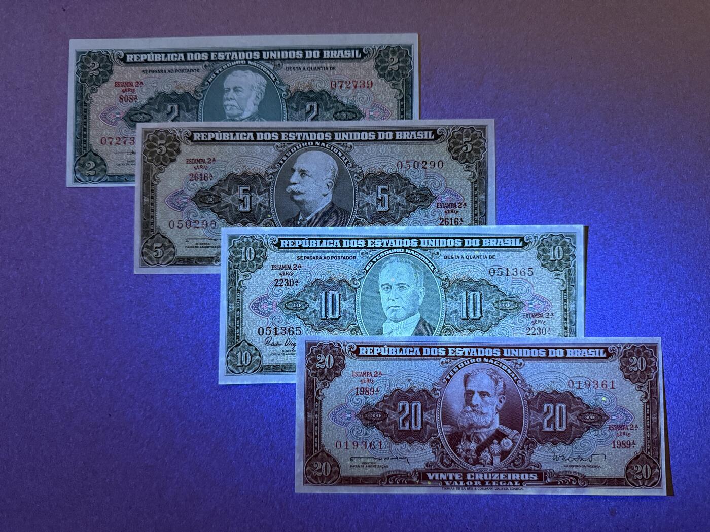 《艾美收藏》第228期-1.11周日外币精品 巴西2、5、10、20克鲁塞罗4张 AU-UNC 全程无4