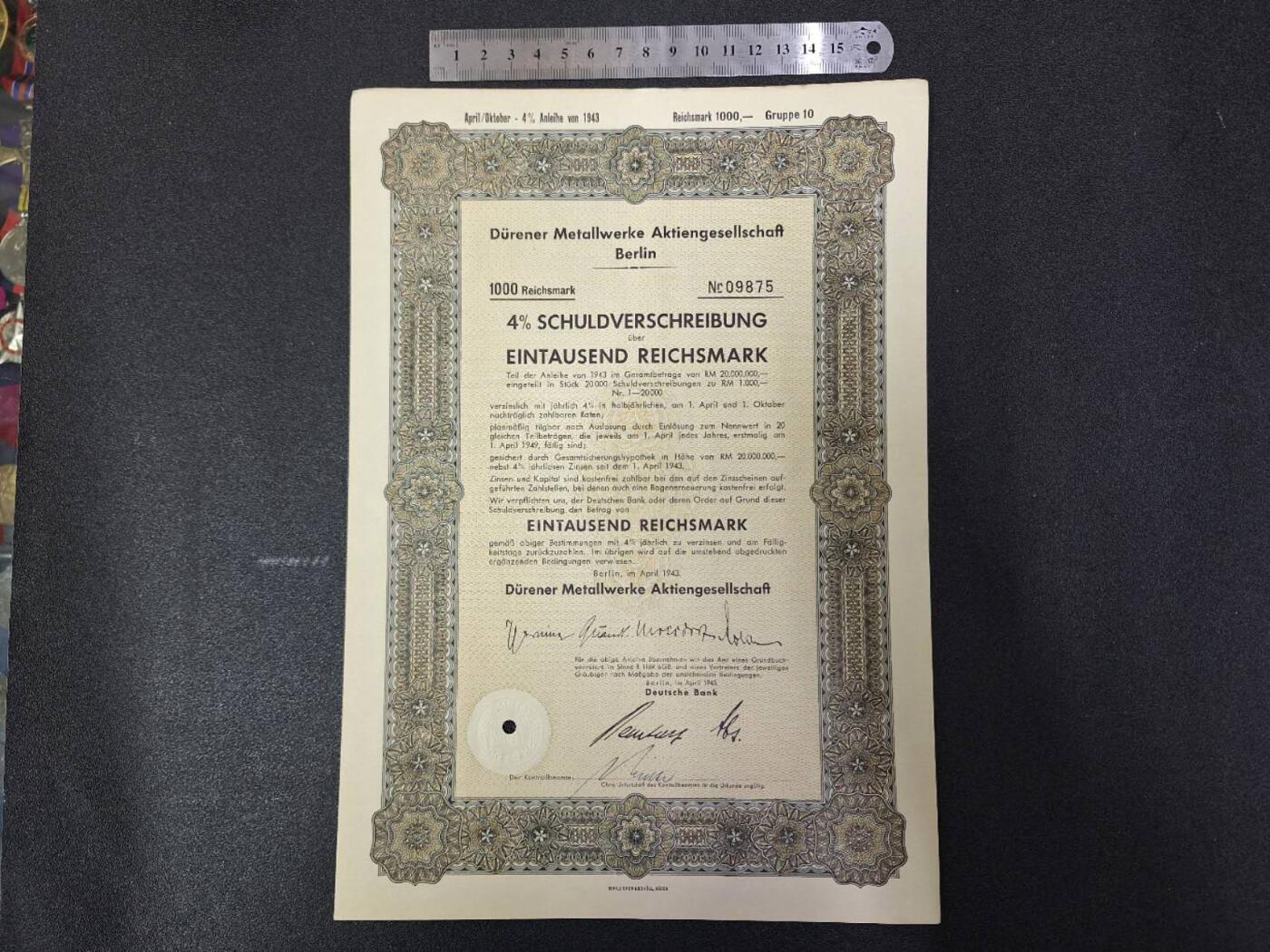 西秦中古拍卖第七十二期 德三时期金属制品厂1000帝国马克债券