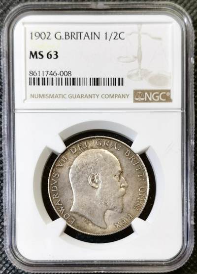 “甄选寰宇 · 臻藏岁华”新年精品场（直播拍卖）-甄臻铺-世界币章拍卖（第47期）送拍享返佣金等优惠多多 - NGC-MS63 1902年英国爱七1/2克朗银币，淡金色粉光极美，包浆十分温润