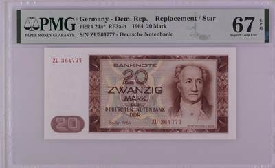 🐍甜小邱世界纸币收藏🐍第139期精品场💐 - 【亚军分+ZU补号777豹子号】PMG67 民主德国 20马克 1964