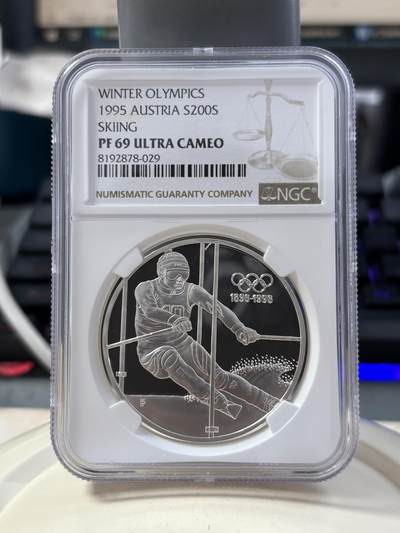 第187期拍卖 - 奥地利1995年奥运百年滑雪1盎司纪念银币NGC-PF69,925银，