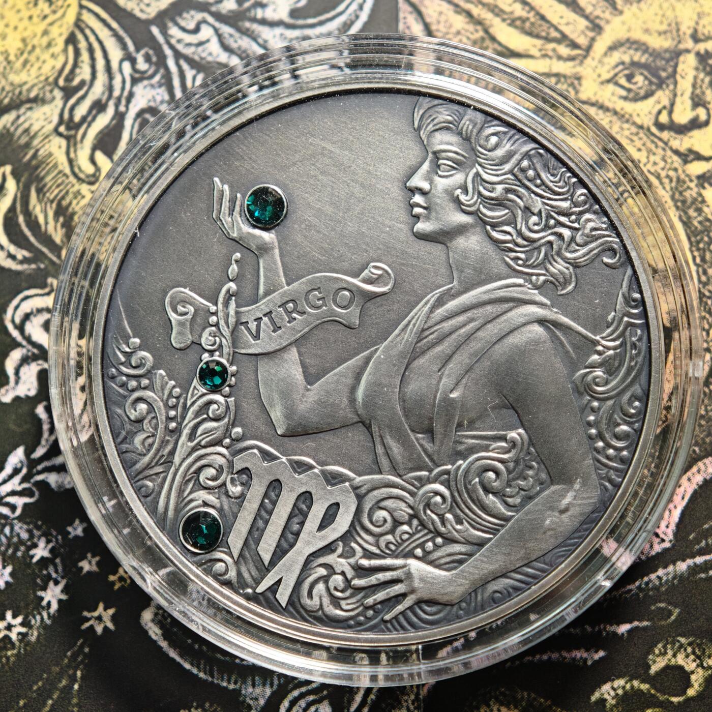 【德藏】世界币章拍卖第161期 2014年 白俄罗斯十二星座系列镶嵌施华洛世奇水晶20卢布仿古银币-处女座 直径38.61mm；重28.28g，925银，原盒，立陶宛代铸
