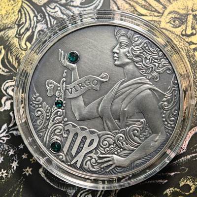 【德藏】世界币章拍卖第161期 - 2014年 白俄罗斯十二星座系列镶嵌施华洛世奇水晶20卢布仿古银币-处女座 直径38.61mm；重28.28g，925银，原盒，立陶宛代铸