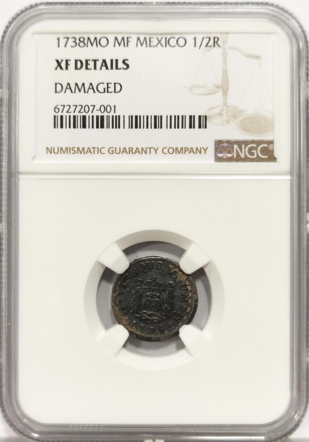 博洋堂世界钱币拍卖第156期（全场包邮） NGC XF 西属墨西哥1738年MO MF费迪南五世地球银币1/2R，少见早期半里亚尔小地球，老包浆打制佳