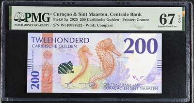 《艾美收藏》第228期-1.11周日外币精品 - 库拉索和圣马丁2025年首发W5冠200盾PMG67E高分无4 海马 今年IBNS世界最佳纸币获奖钞大热品种