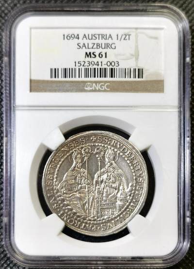 “甄选寰宇 · 臻藏岁华”新年精品场（直播拍卖）-甄臻铺-世界币章拍卖（第47期）送拍享返佣金等优惠多多 - NGC-MS61 神圣罗马帝国奥地利萨尔茨堡1694年1/2泰勒银币，原味黄油光 手工深打 极美品！