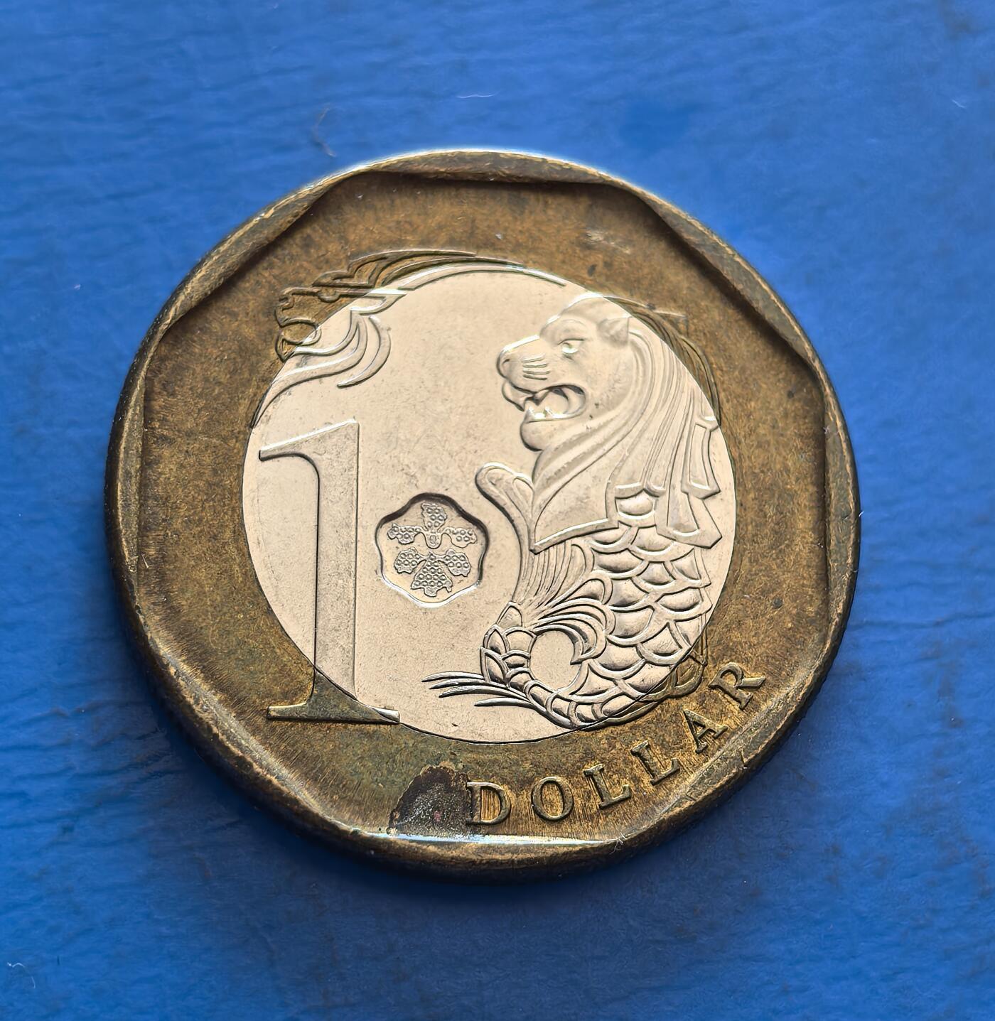 外国优质银币非洲美洲币，周六九点倒数截拍，满百包邮，持续收拍 新加坡 1 元双色币，正面展鱼尾狮（国家象征），背面饰国徽 + 多语言 “新加坡” 标识，承载新加坡现代货币文化，兼具国家符号与多元文化的收藏价值。