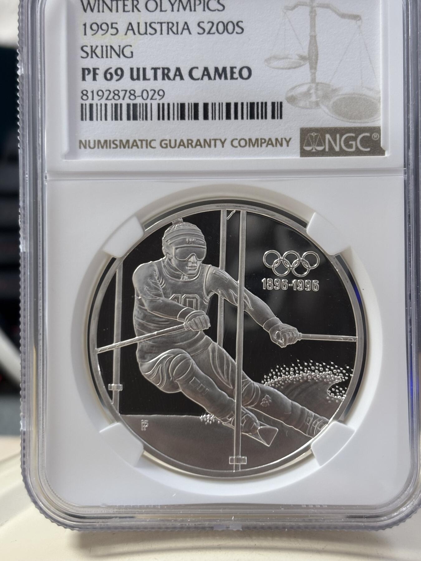 第187期拍卖 奥地利1995年奥运百年滑雪1盎司纪念银币NGC-PF69,925银，