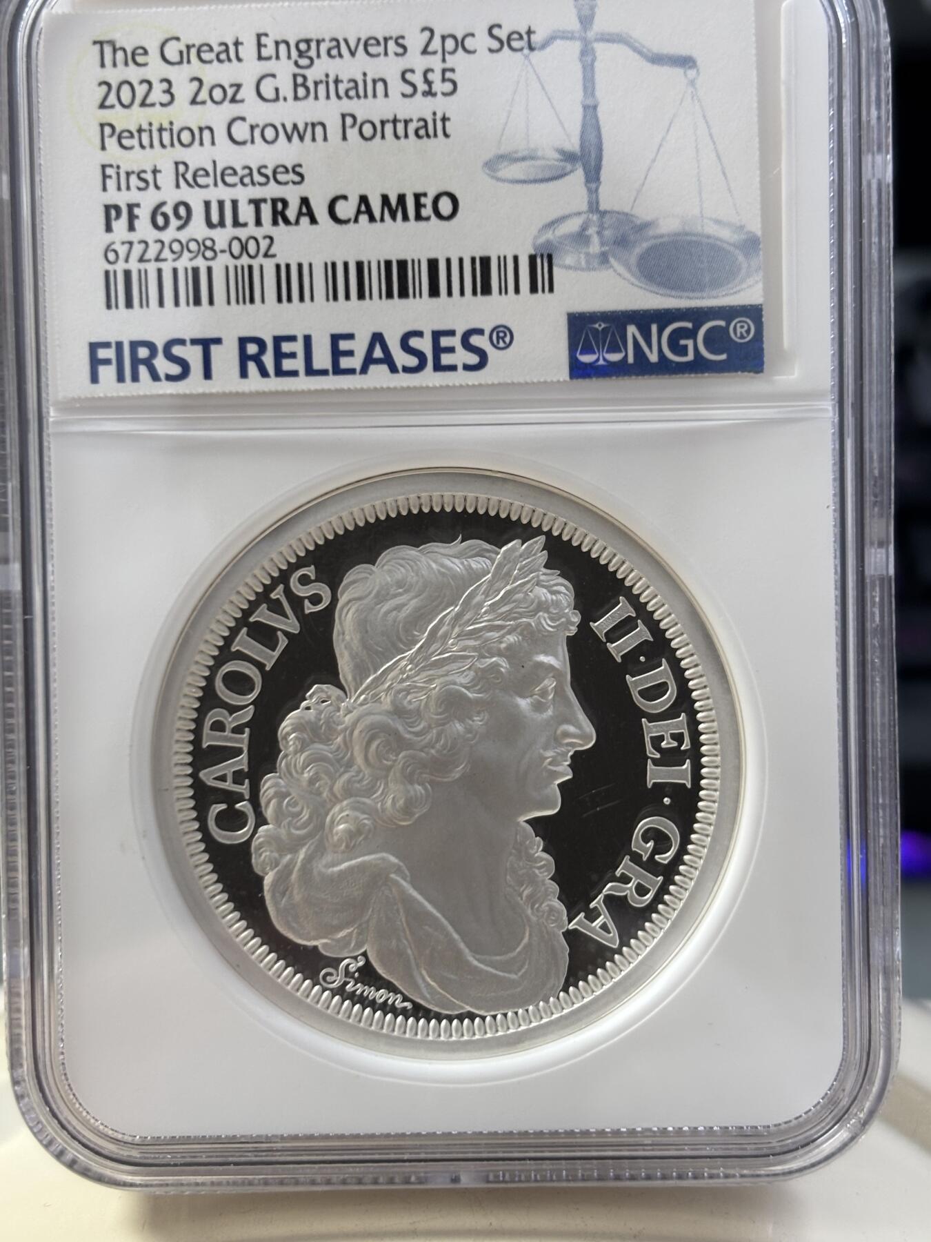 第187期拍卖 英国2023年发行伟大的雕刻师西蒙请愿克朗5英镑精制纪念银币国王币NGC-PF69首，999银，2盎司
