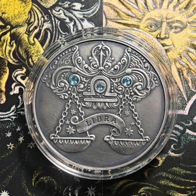 【德藏】世界币章拍卖第161期 - 2014年 白俄罗斯十二星座系列镶嵌施华洛世奇水晶20卢布仿古银币-天秤座 直径38.61mm；重28.28g，925银，原盒，立陶宛代铸