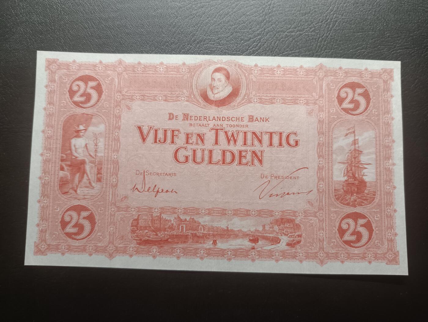 2026一月第二期，总212期 荷兰1927版25盾流通好品XF千位号7714，稀有的早期荷兰盾中高面值品种，集合了荷兰发展史的重要元素包括墨丘利/威廉一世/大帆船和阿姆斯特丹