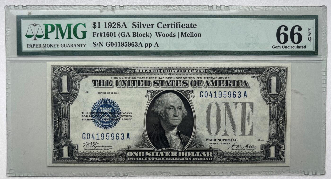 【礼羽收藏】🌏世界钱币拍卖第119期 1928年 1美元 银币券 PMG66EPQ 老壳严评