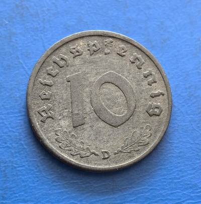 外国优质银币非洲美洲币，周六九点倒数截拍，满百包邮，持续收拍 - 德国1941 年 10芬尼，正面展纳粹鹰徽（政权标识）+“DEUTSCHES REICH”，背面饰橡叶 + 币值，金属币承载二战纳粹德国货币文化，具历史纪念与特殊符号收藏价值。