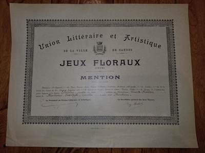 凯旋世界勋赏（第21期冬季大拍）（欢迎送拍）（对拍品有疑问请询问客服，不接受到手刀，出价默认拍品品相。请认真阅读拍卖规则！出价默认已认可！）（收到货请录制开箱视频，无视频概不处理问题。） - 1906年法国卡奥尔市文学艺术联盟举办的花卉节竞赛荣誉提及证书，是法国南部卡奥尔地区顶级文学赛事的认可凭证