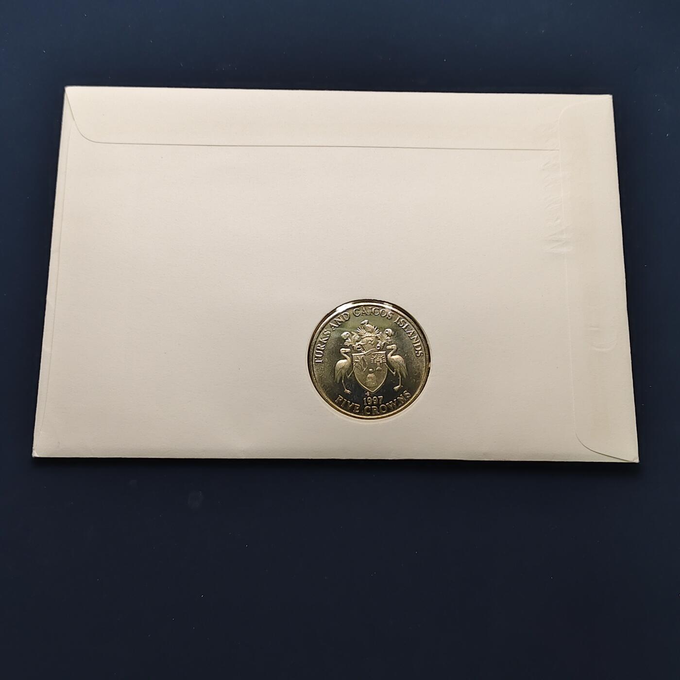 【全场包邮】纯粹捡漏拍492场【封装套币专场】-注意佣金 【邮币封】特克斯和凯克斯群岛1997年5克朗女王金婚克朗型纪念邮币封