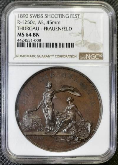 “甄选寰宇 · 臻藏岁华”新年精品场（直播拍卖）-甄臻铺-世界币章拍卖（第47期）送拍享返佣金等优惠多多 - NGC-MS64BN 1890瑞士大铜章，弗劳恩菲尔德射击节铜章，加厚盒子，高浮雕非常精美