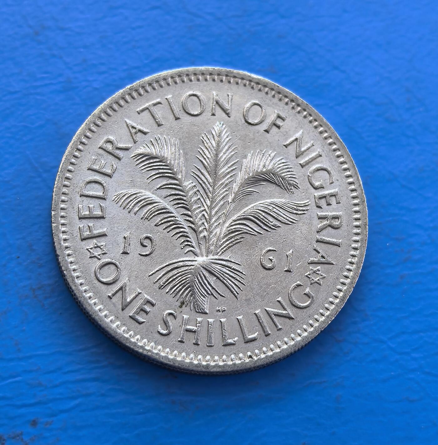 外国优质银币非洲美洲币，周六九点倒数截拍，满百包邮，持续收拍 尼日利亚联邦时期 1 先令硬币，正面是英女王像（英联邦标识），背面绘棕榈枝（尼日利亚经济作物），属英属西非货币，风格融合殖民与本土元素，是非洲英殖币收藏品类。