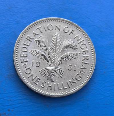 外国优质银币非洲美洲币，周六九点倒数截拍，满百包邮，持续收拍 - 尼日利亚联邦时期 1 先令硬币，正面是英女王像（英联邦标识），背面绘棕榈枝（尼日利亚经济作物），属英属西非货币，风格融合殖民与本土元素，是非洲英殖币收藏品类。