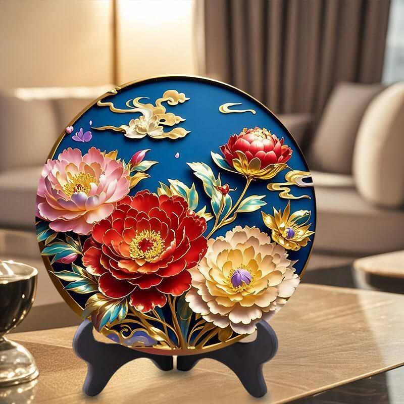 同乐收藏拍卖 招财摆台客厅摆件酒柜书房桌摆圆形牡丹花开富贵家和万事兴褔字