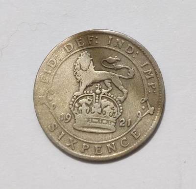 外国货币 - 1921年英国乔治五世时期发行的6便士（Sixpence）银币，50%银