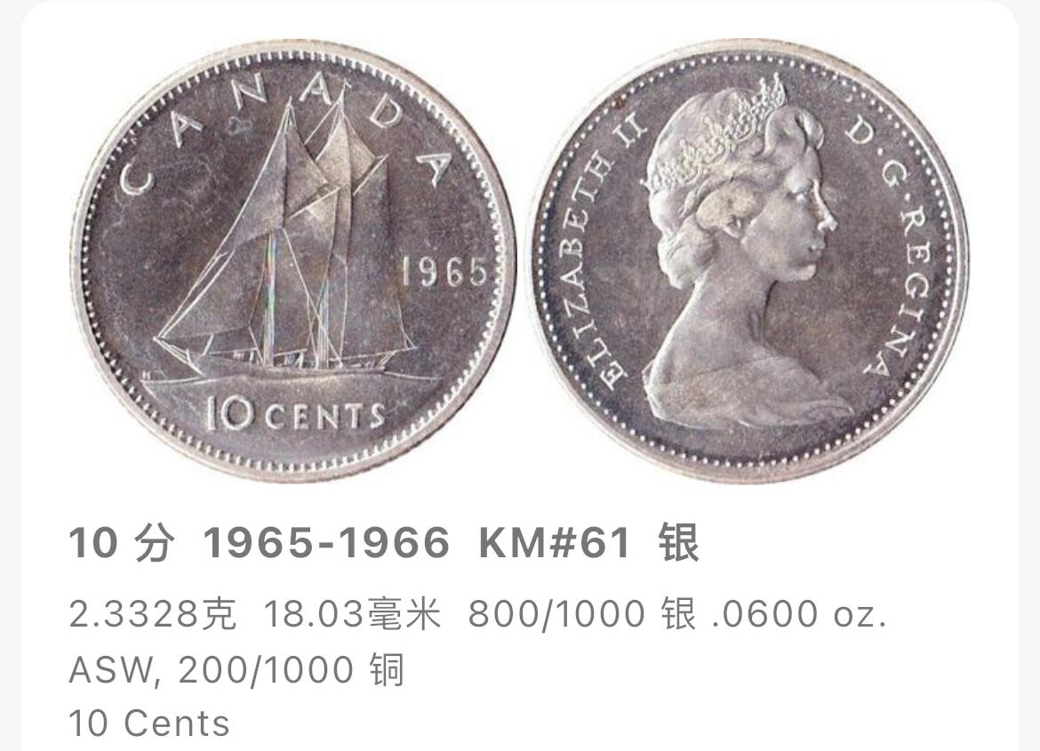 回流0110 加拿大1965年10分银币 