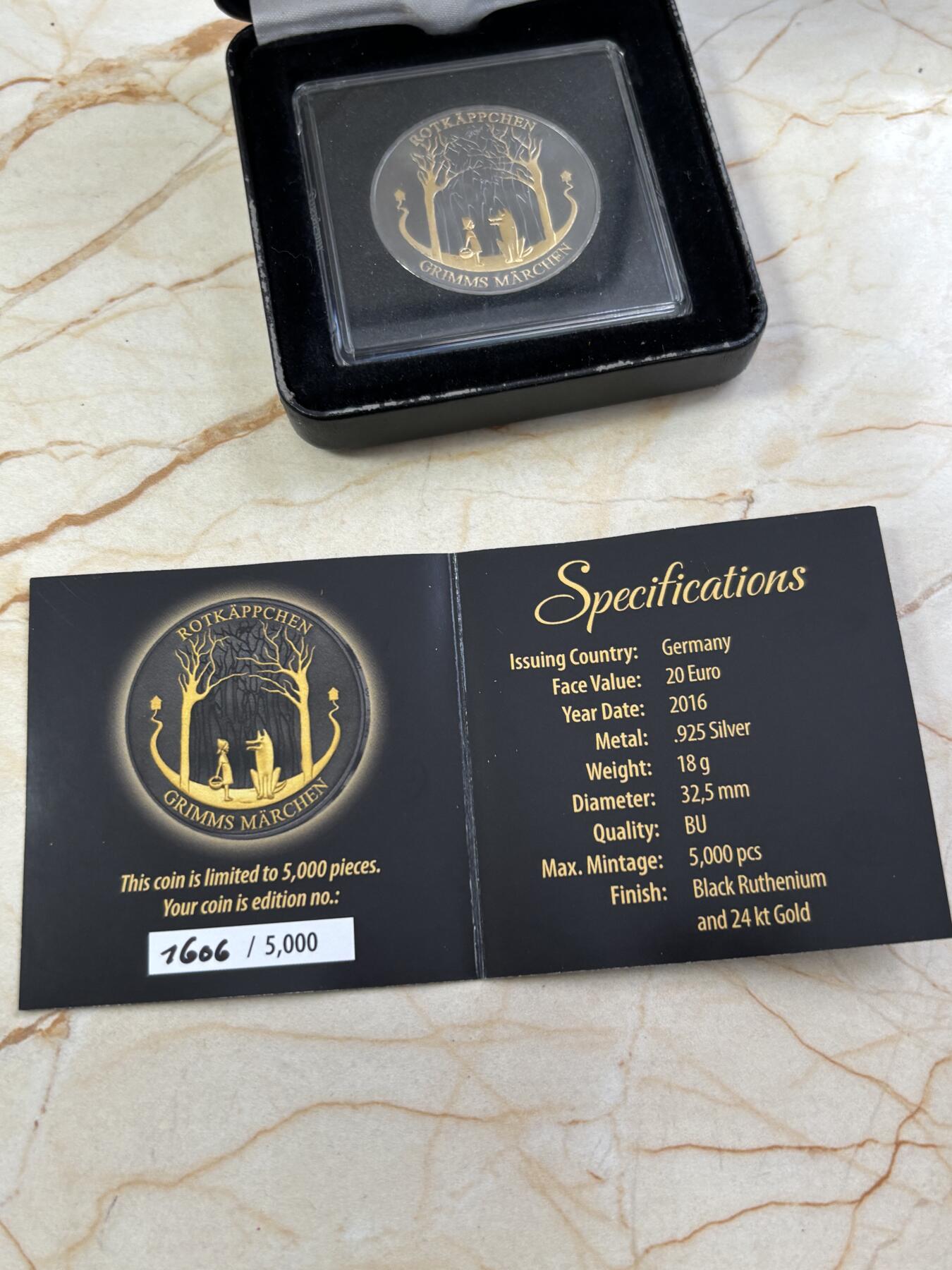 第187期拍卖 德国2016年格林童话200年镀金钌化纪念银币，18克，发行5000枚