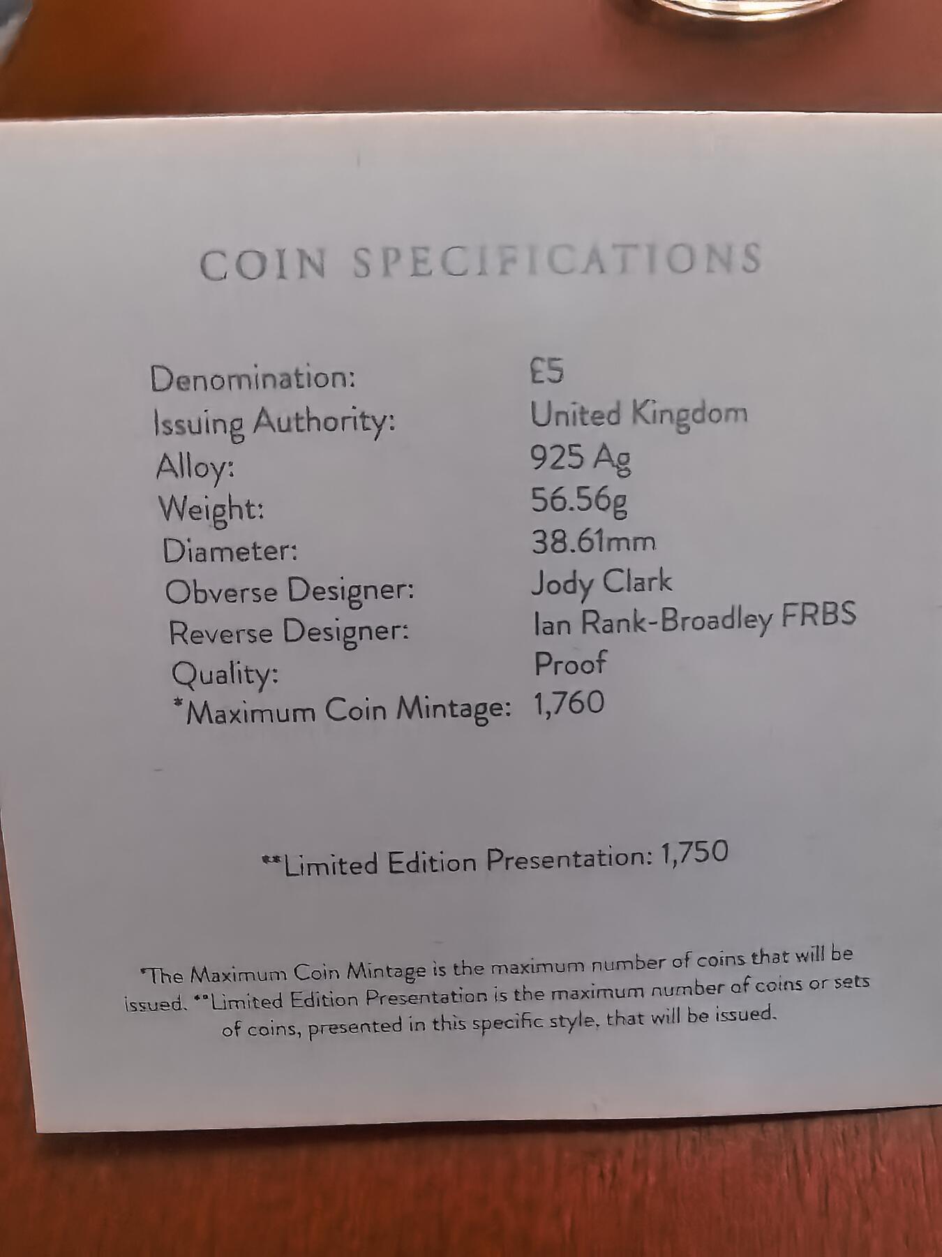 长老汇蛇年精选第九十三场拍卖 2021英国爱丁堡公爵菲利普亲王逝世5英镑精制加厚银币，56.56克925银，盒证全，1750枚