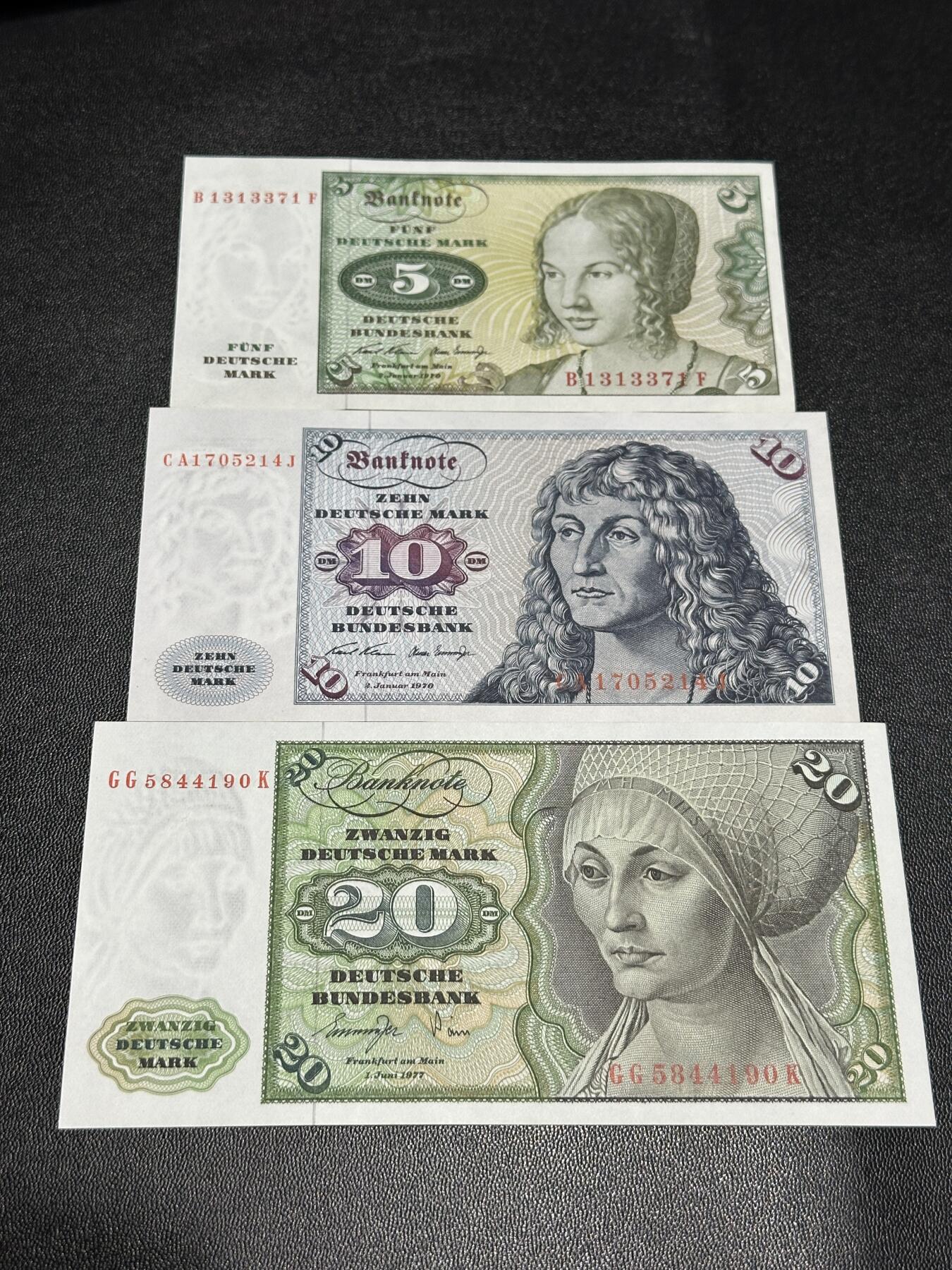 《外钞收藏家》第六百零一期（畅拍场）（本平台长期征集拍品、欢迎藏友们联系合作） 西德5-20马克 3张 品相如图