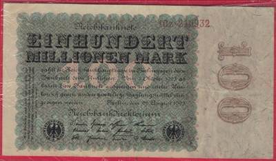 德国1923年100000000(1亿)马克 P-107a 橡树叶水印 右侧有灰色调 六位号 无47 实物图 八五品 - 德国1923年100000000(1亿)马克 P-107a 橡树叶水印 右侧有灰色调 六位号 无47 实物图 八五品