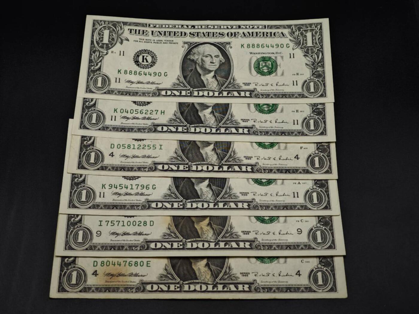 【淘币小摊】限时拍第八百四十五拍  纸币场  满百包邮可预留两周  周一统一发货  美国1美元纸币6张【有折】